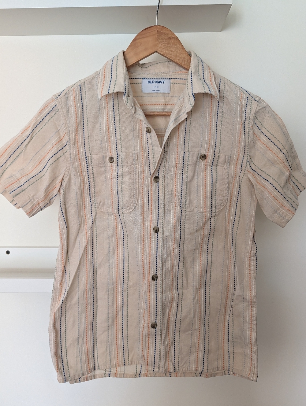 Old Navy Kids 100% Cotton L 10-12 Cream Striped Short Sleeve Button-Up Shirt